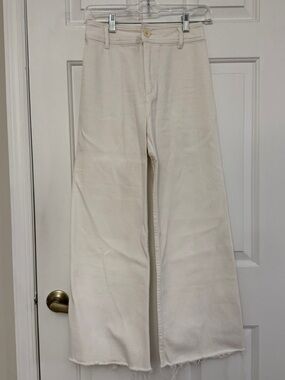 Miou Muse Wide Leg Raw Hem Cream Lightweight Highrise Jeans